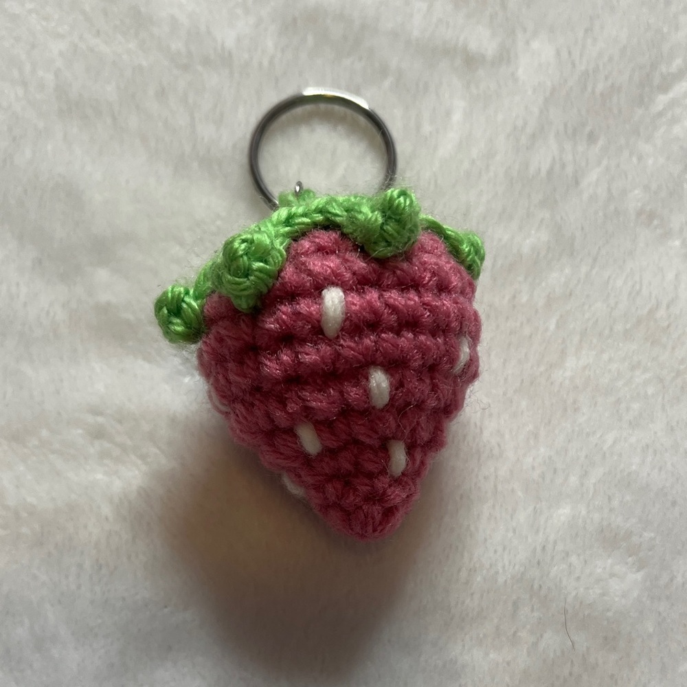 Crochet pink and white Strawberry Keychain, true to size strawberry